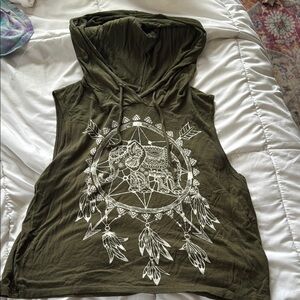 Olive Green Boho Sleeveless Hoodie with Elephant Print